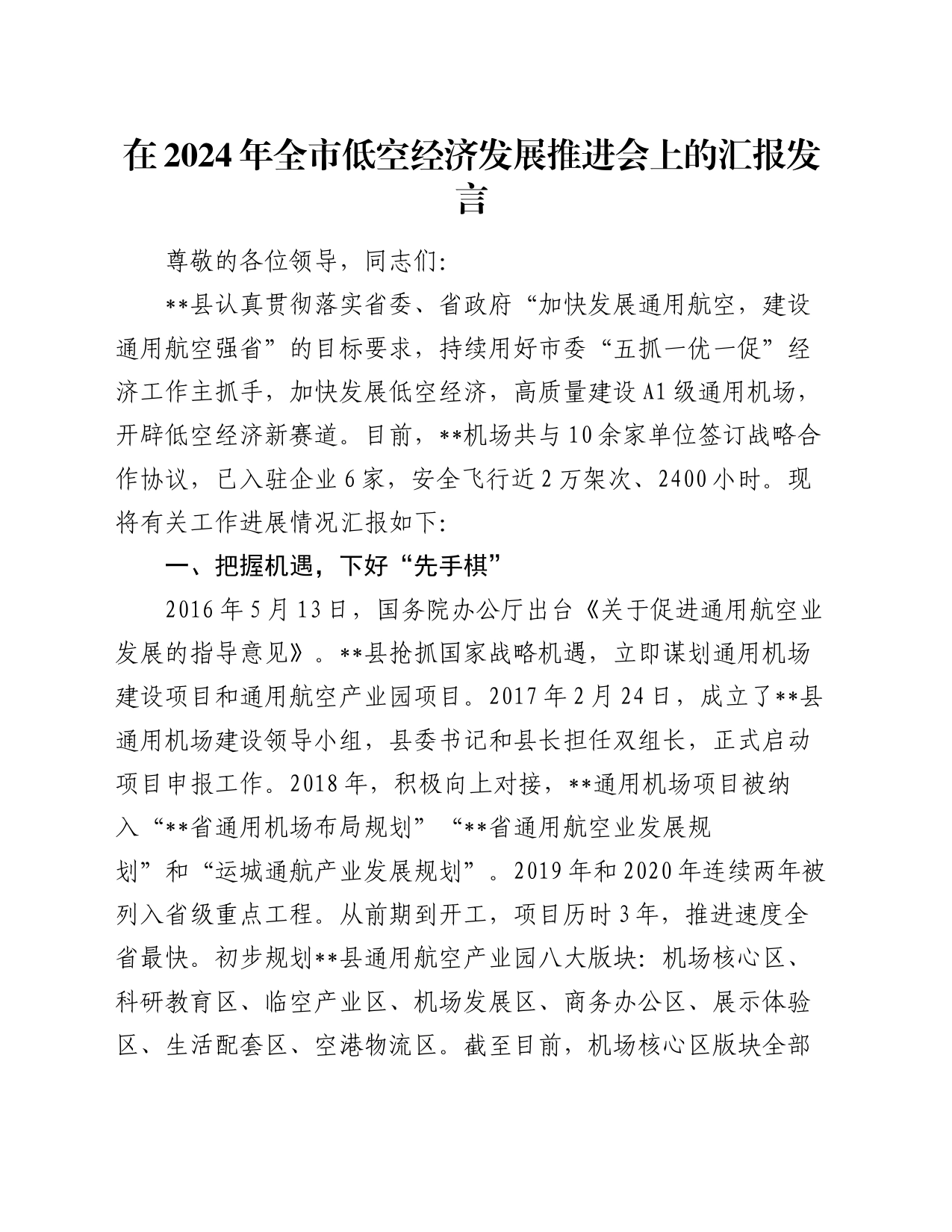 在2024年全市低空经济发展推进会上的汇报发言_第1页