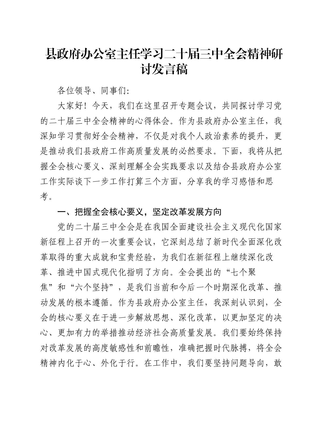 县政府办公室主任学习二十届三中全会精神研讨发言稿_第1页