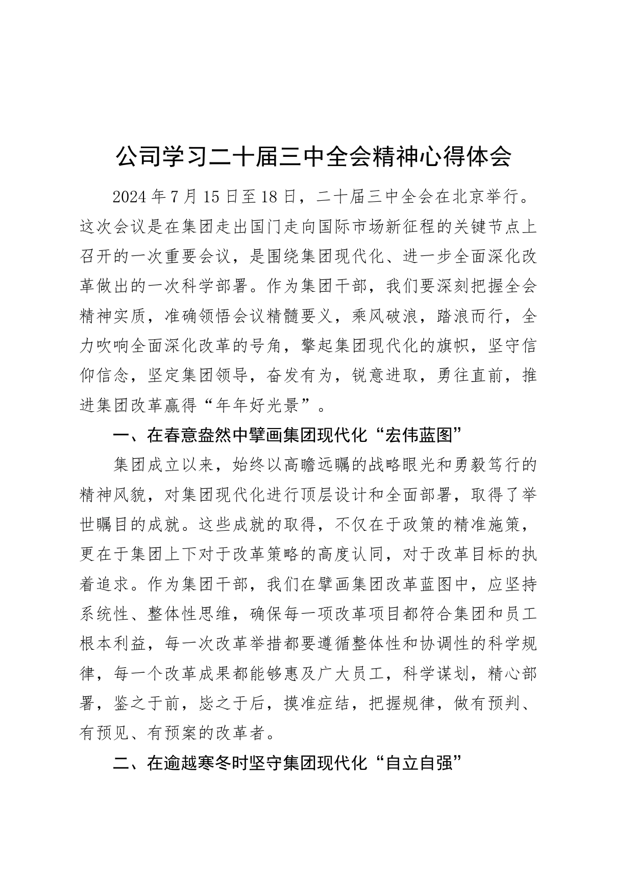 公司学习二十届三中全会精神心得体会企业研讨发言材料20240830_第1页