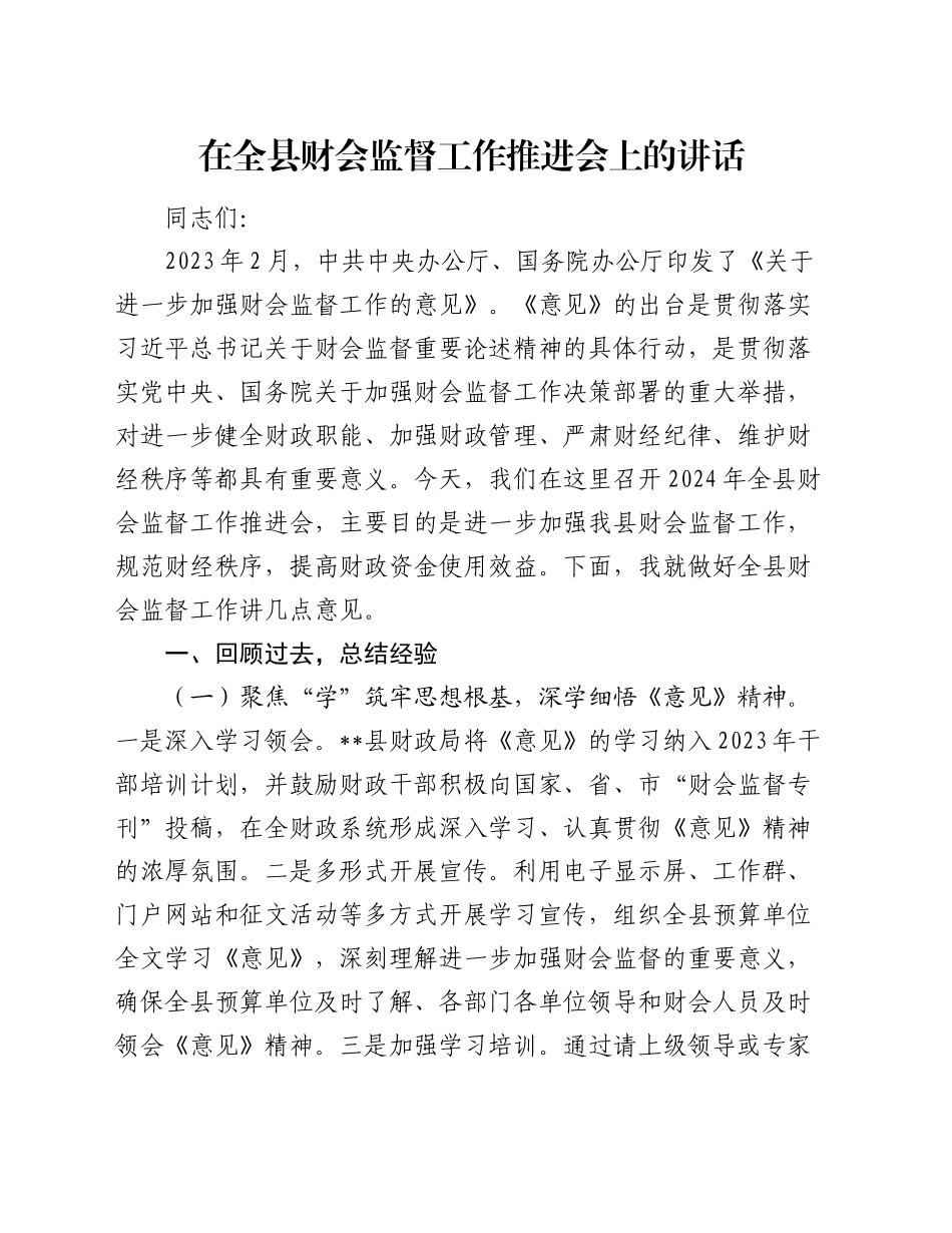 在全县财会监督工作推进会上的讲话_第1页
