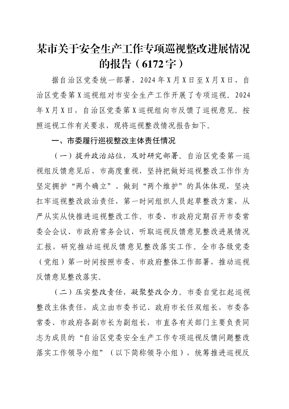 某市关于安全生产工作专项巡视整改进展情况的报告（6172字）_第1页