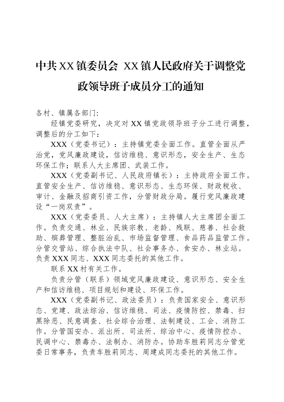 中共XX镇委员会  XX镇人民政府关于调整党政领导班子成员分工的通知_第1页