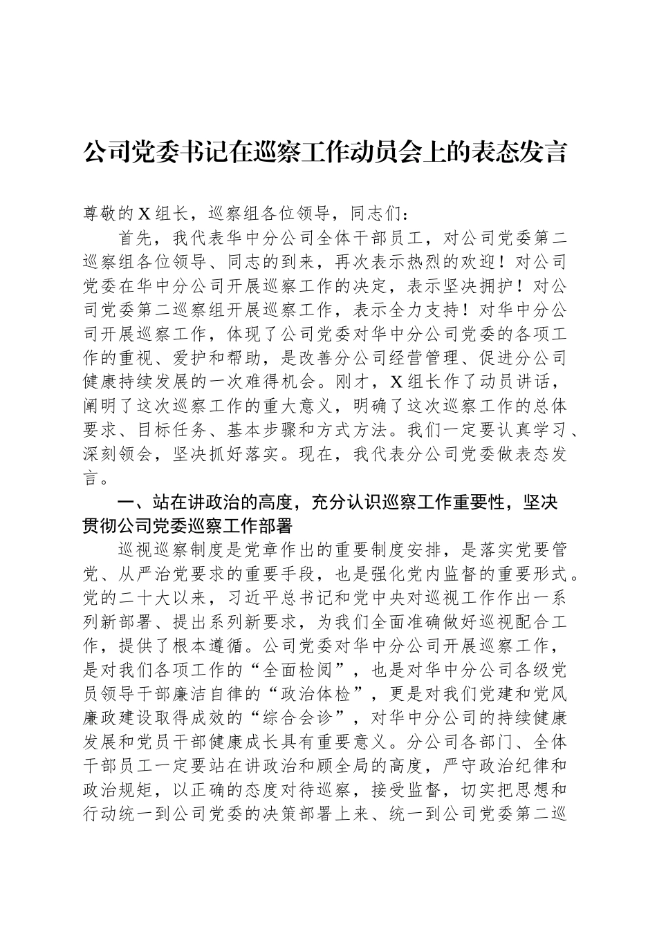 公司党委书记在巡察工作动员会上的表态发言_第1页