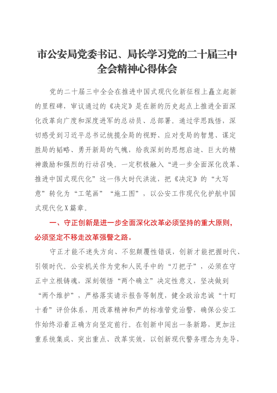 市公安局党委书记、局长学习党的二十届三中全会精神心得体会_第1页