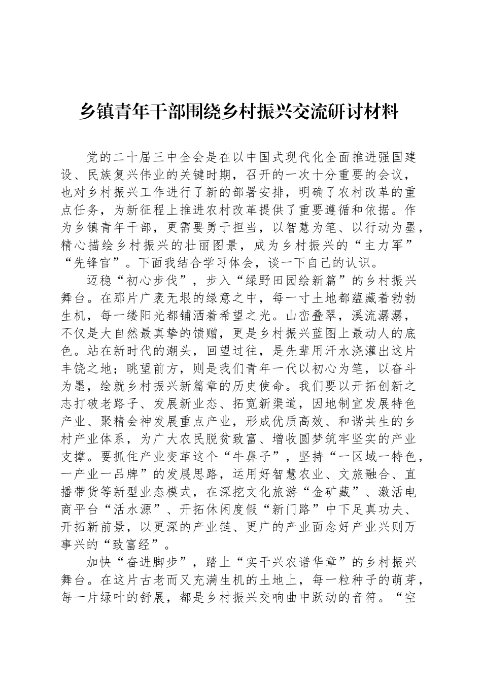 乡镇街道青年干部围绕乡村振兴交流研讨材料_第1页