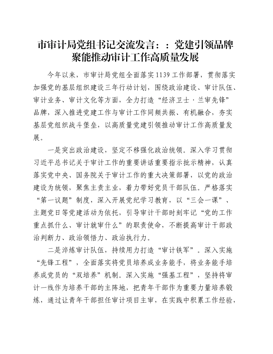 市审计局党组书记交流发言：党建引领 品牌聚能 推动审计工作高质量发展_第1页