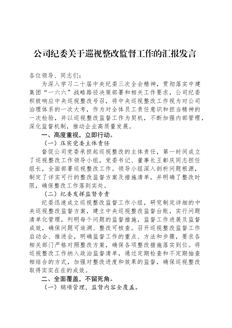 公司纪委关于巡视整改监督工作的汇报发言_第1页