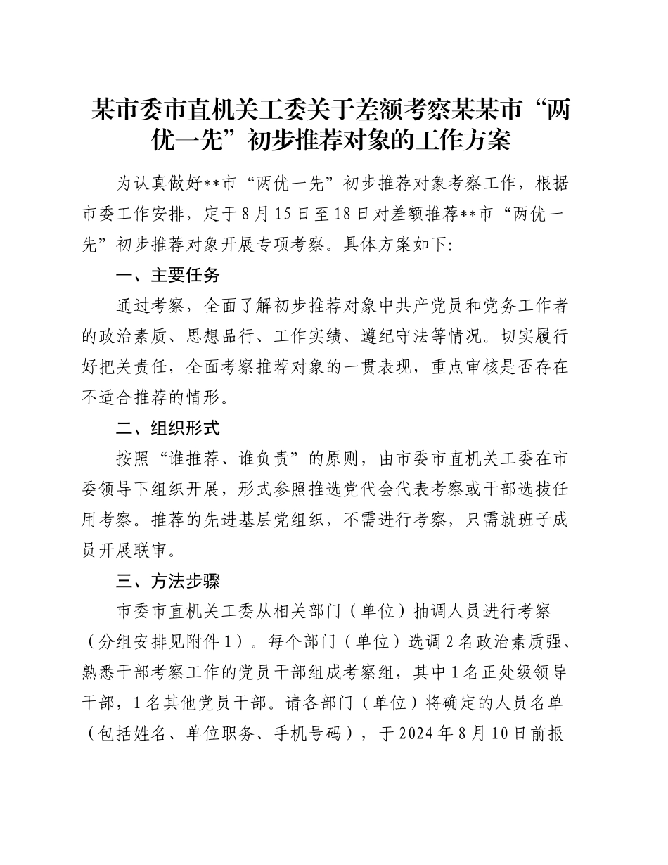 市直机关工委关于差额考察“两优一先”初步推荐对象的工作方案_第1页