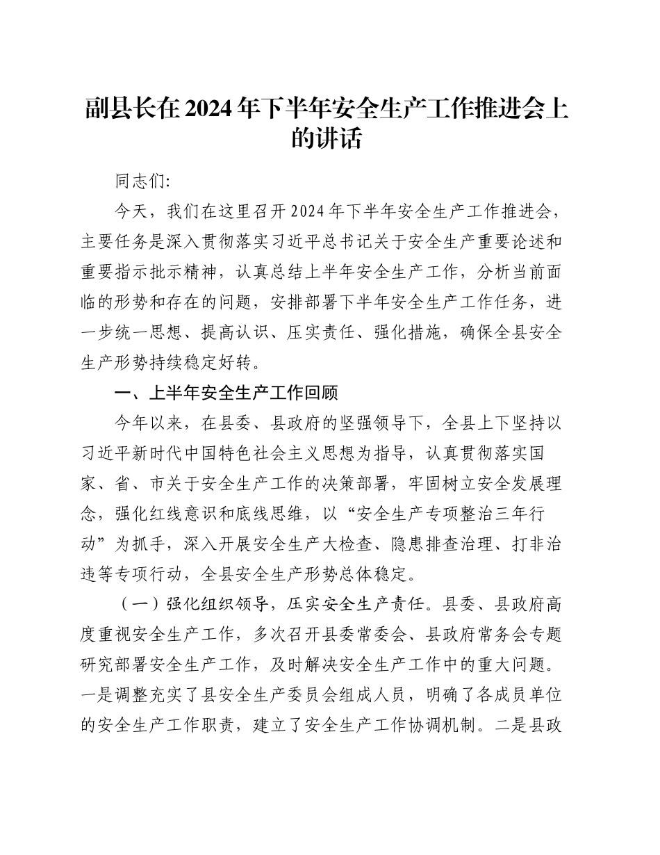 副县长在2024年下半年安全生产工作推进会上的讲话_第1页