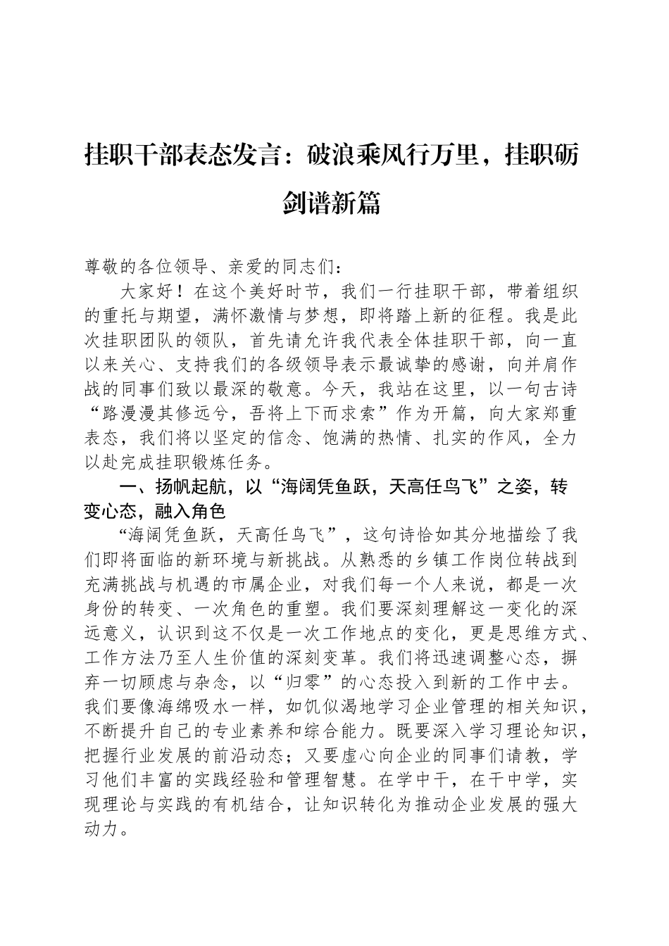 挂职干部表态发言：破浪乘风行万里，挂职砺剑谱新篇_第1页