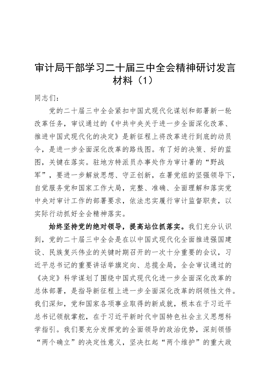 2篇审计局干部学习二十届三中全会精神研讨发言材料心得体会20240911_第1页