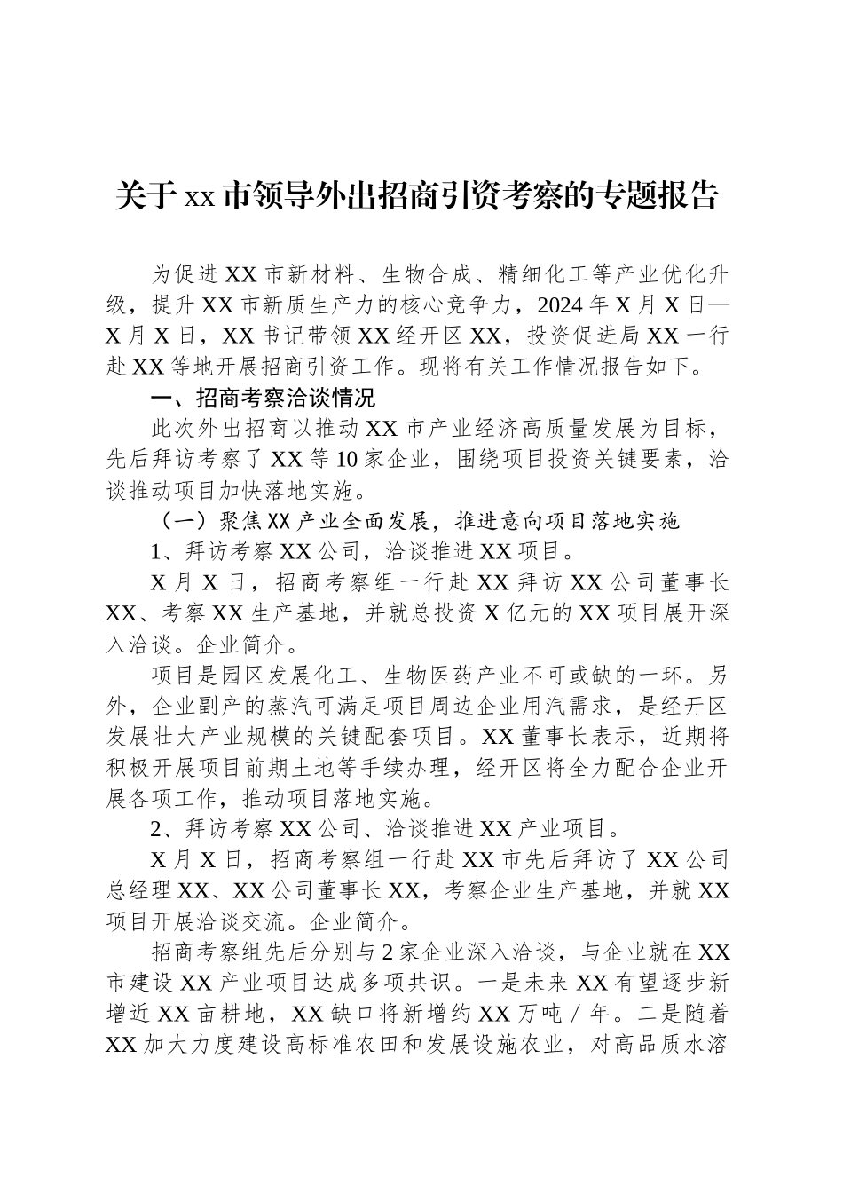 关于xx市领导外出招商引资考察的专题报告_第1页