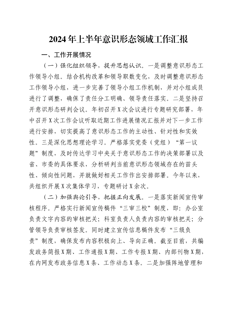 2024年上半年意识形态领域工作汇报_第1页