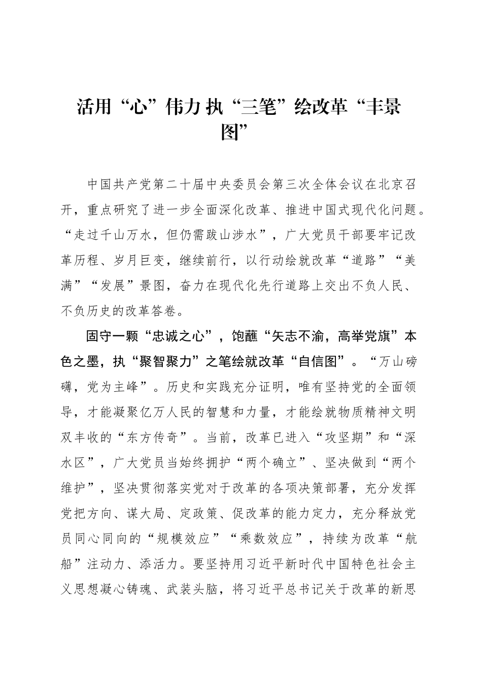 活用“心”伟力 执“三笔”绘改革“丰景图”_第1页