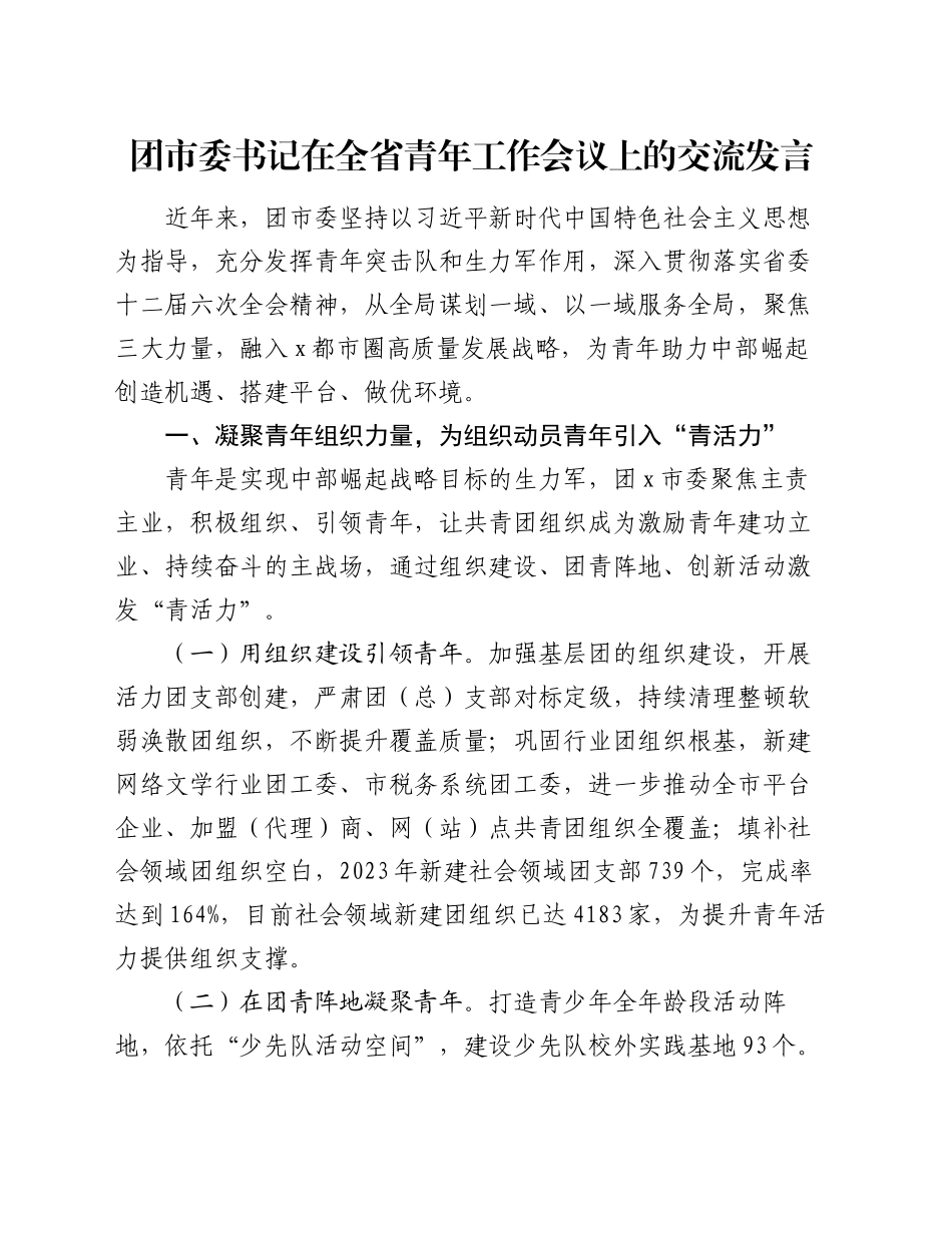 团市委书记在全省青年工作会议上的交流发言_第1页