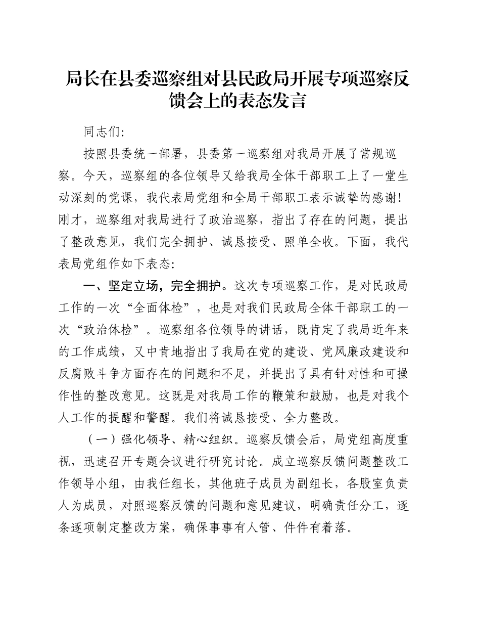 局长在县委巡察组对县民政局开展专项巡察反馈会上的表态发言_第1页