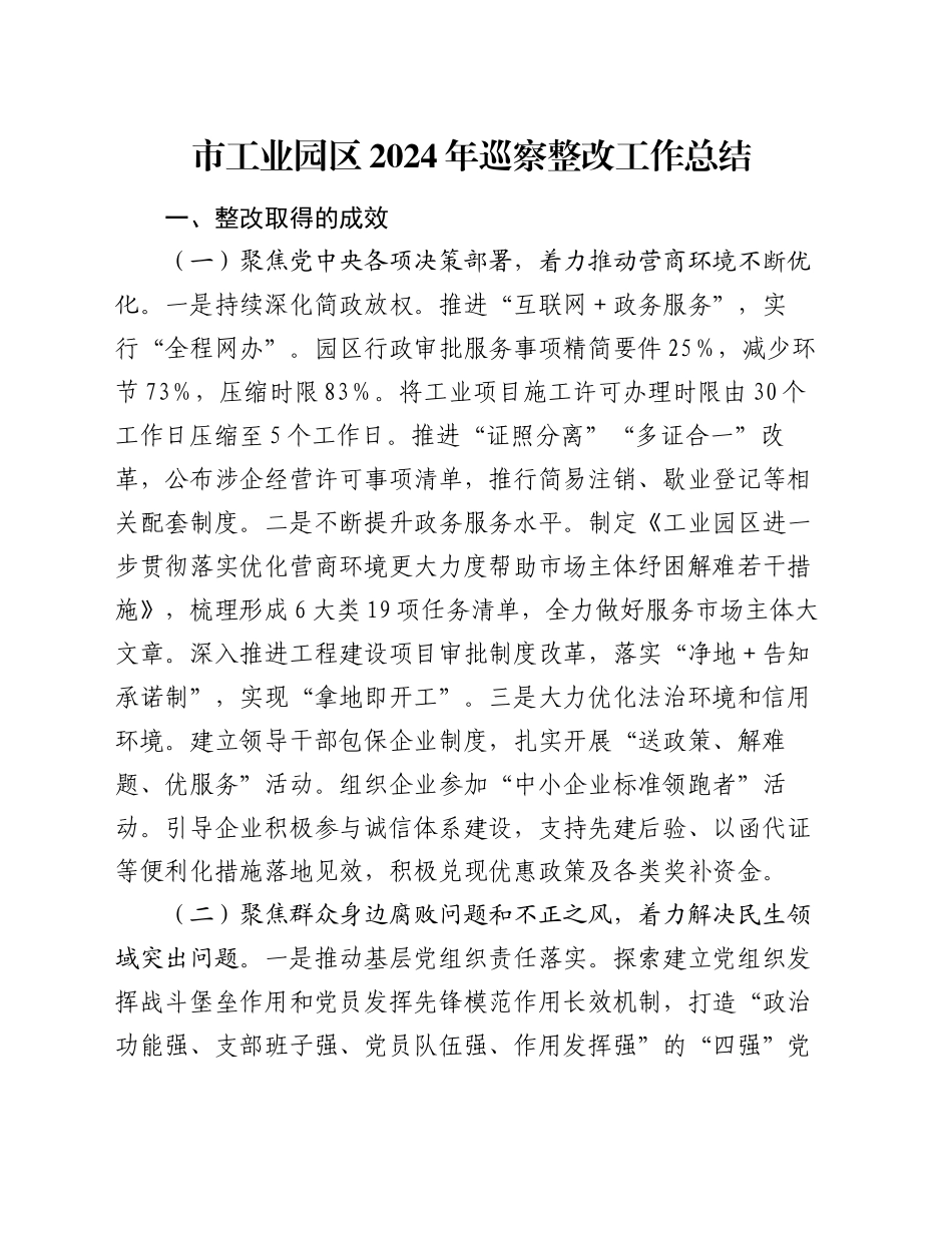 市工业园区2024年巡察整改工作总结_第1页