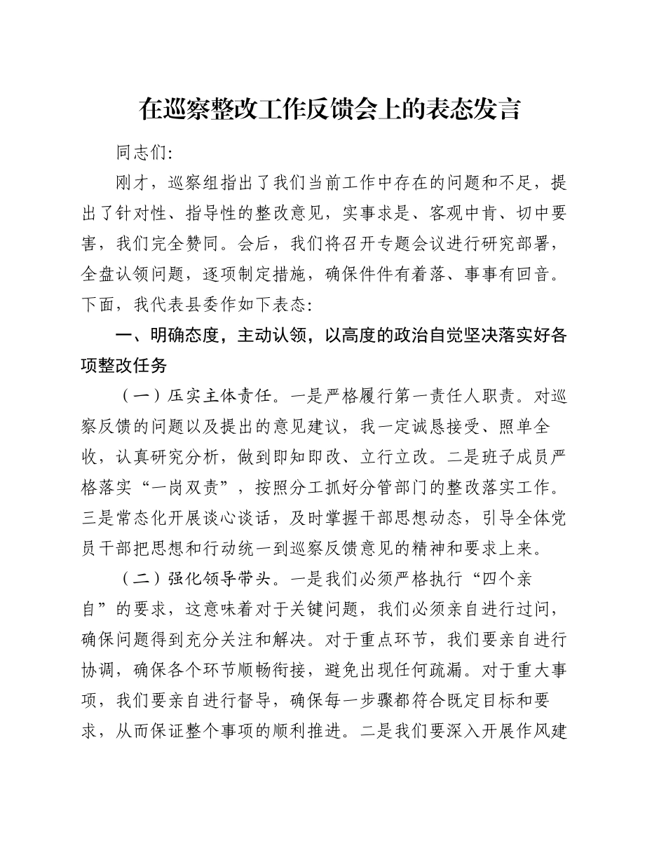 在巡察整改工作反馈会上的表态发言_第1页