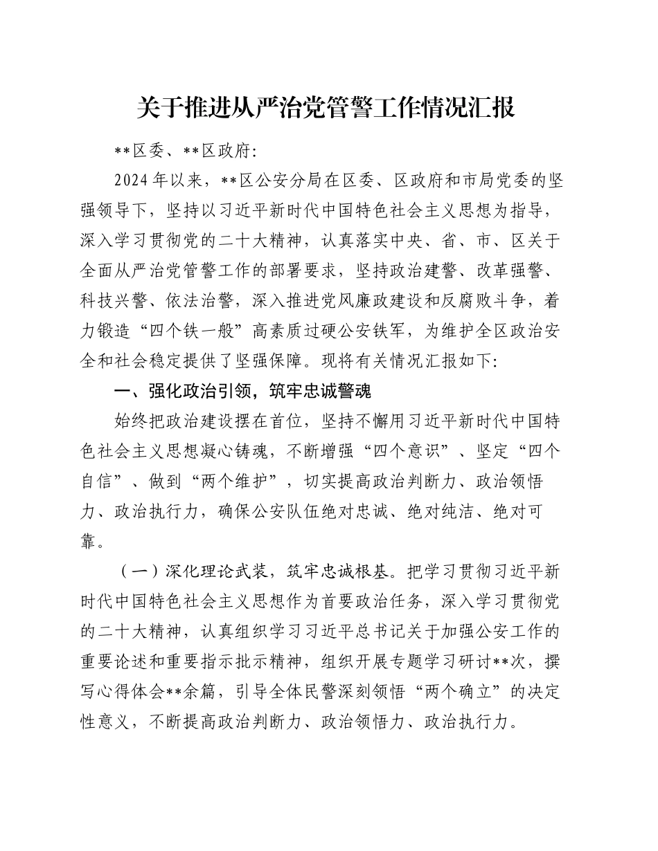 关于推进从严治党管警工作情况汇报_第1页