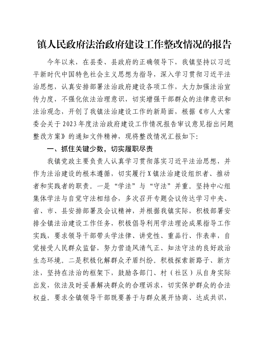 镇人民政府法治政府建设工作整改情况的报告_第1页