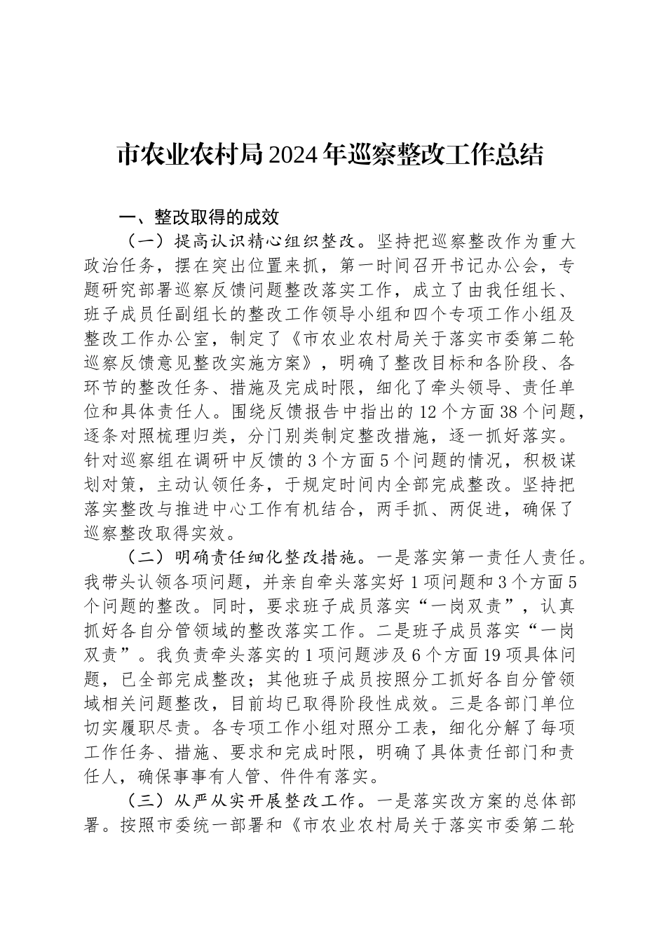 市农业农村局2024年巡察整改工作总结_第1页