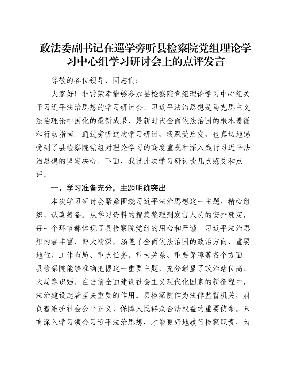 政法委副书记在巡学旁听县检察院党组理论学习中心组学习研讨会上的点评发言_第1页