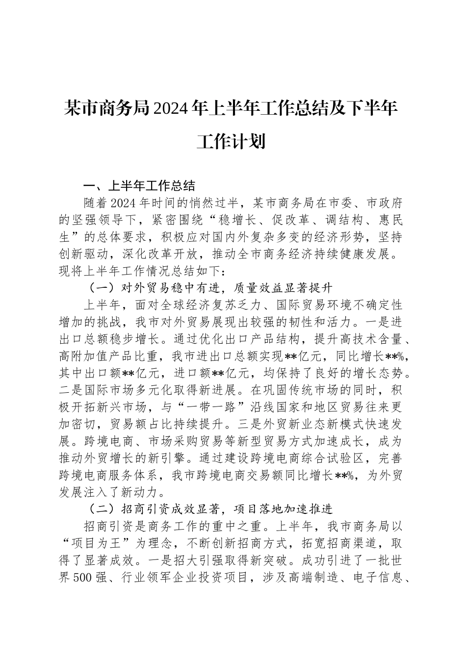 某市商务局2024年上半年工作总结及下半年工作计划_第1页