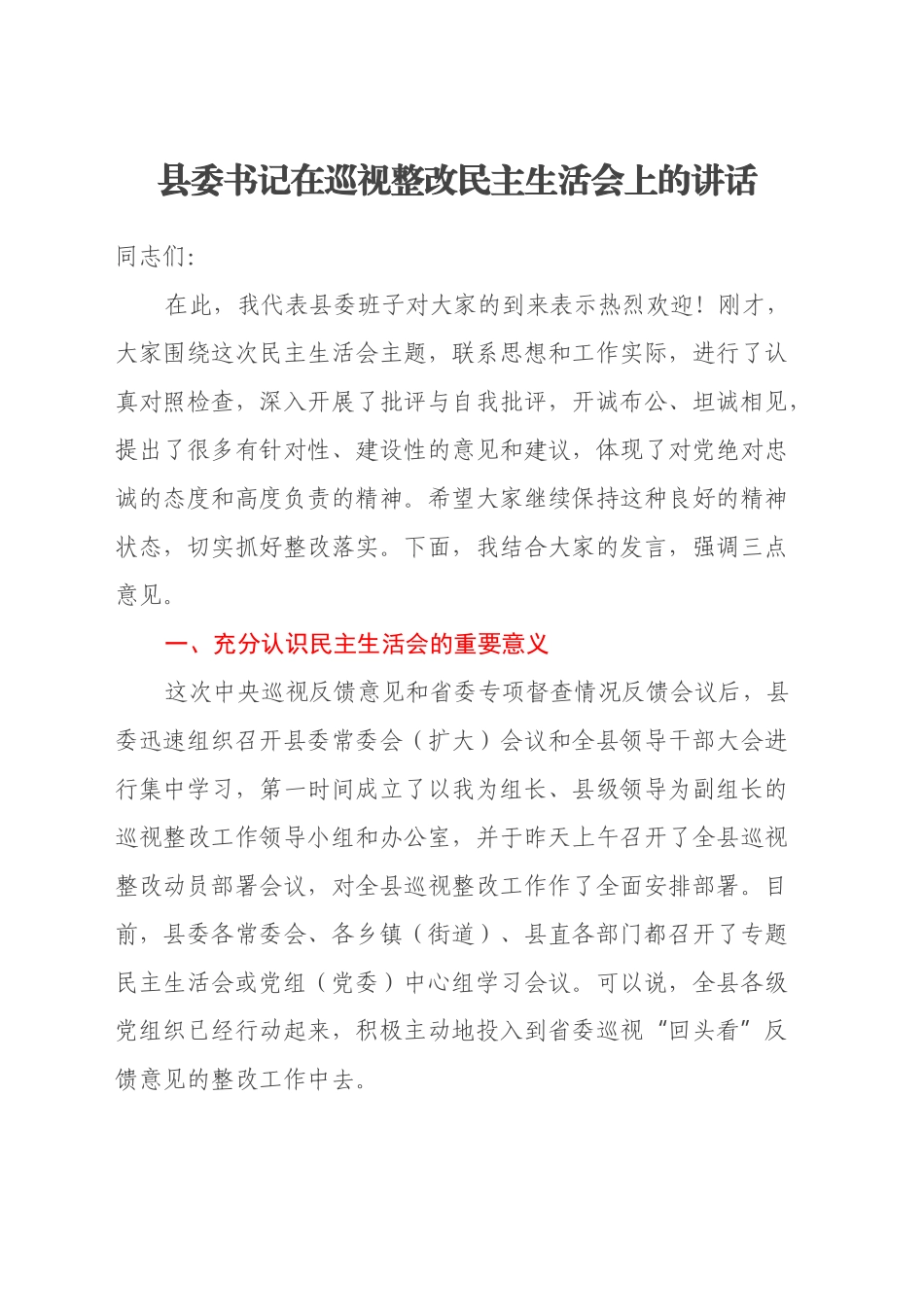 县委书记在巡视整改民主生活会上的讲话_第1页