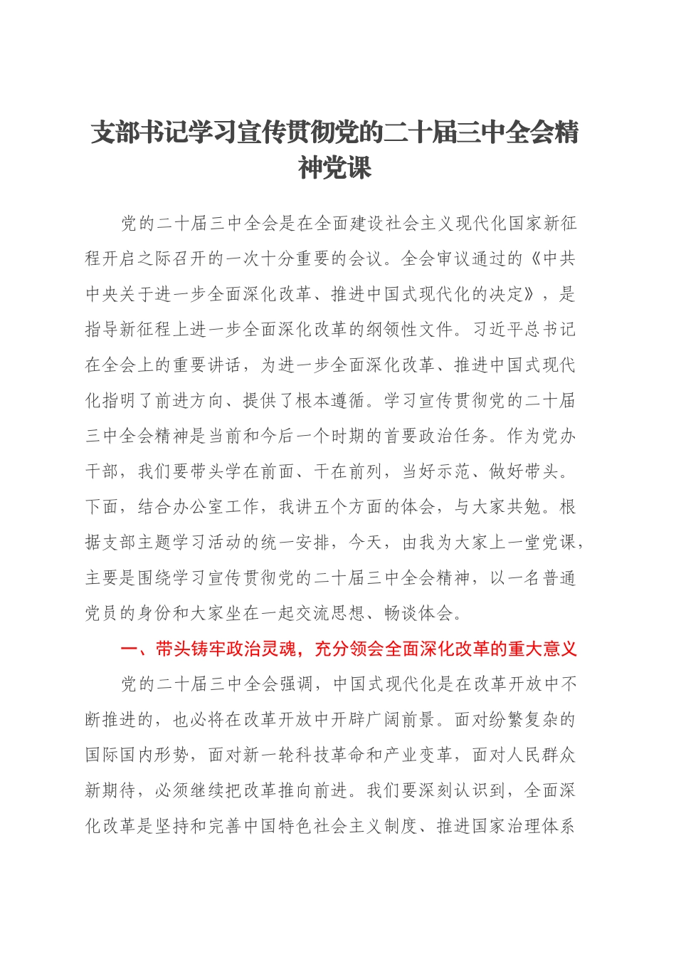 支部书记学习宣传贯彻党的二十届三中全会精神党课（2）_第1页