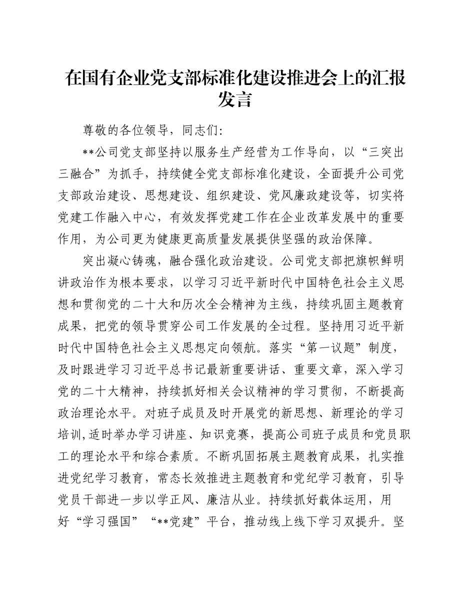 在国有企业党支部标准化建设推进会上的汇报发言_第1页