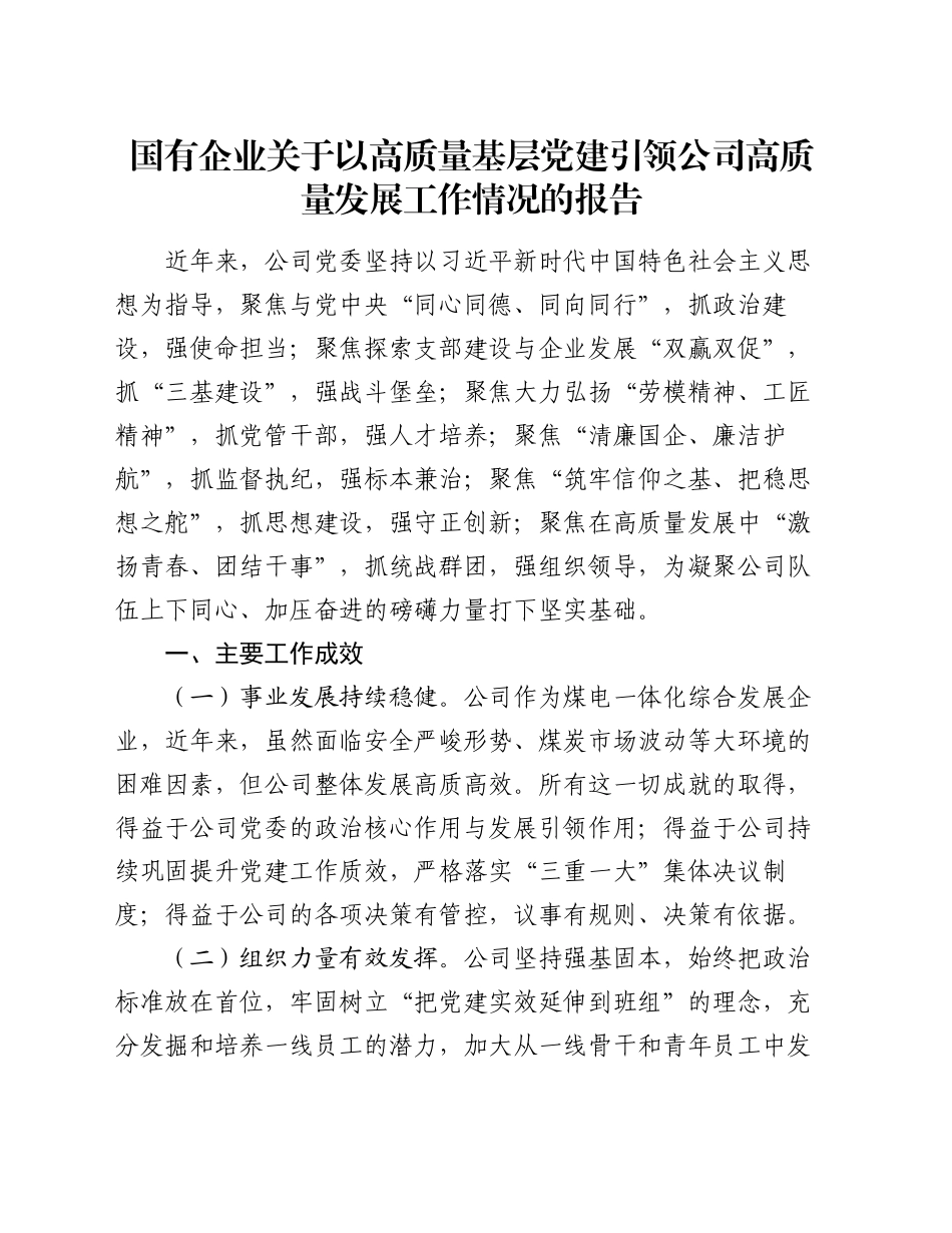 国有企业关于以高质量基层党建引领公司高质量发展工作情况的报告_第1页