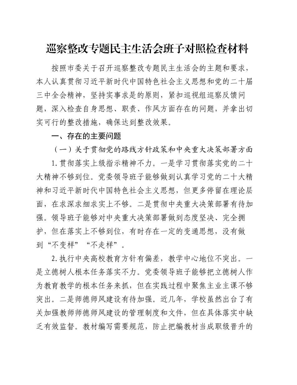 巡察整改专题民主生活会班子对照检查材料_第1页