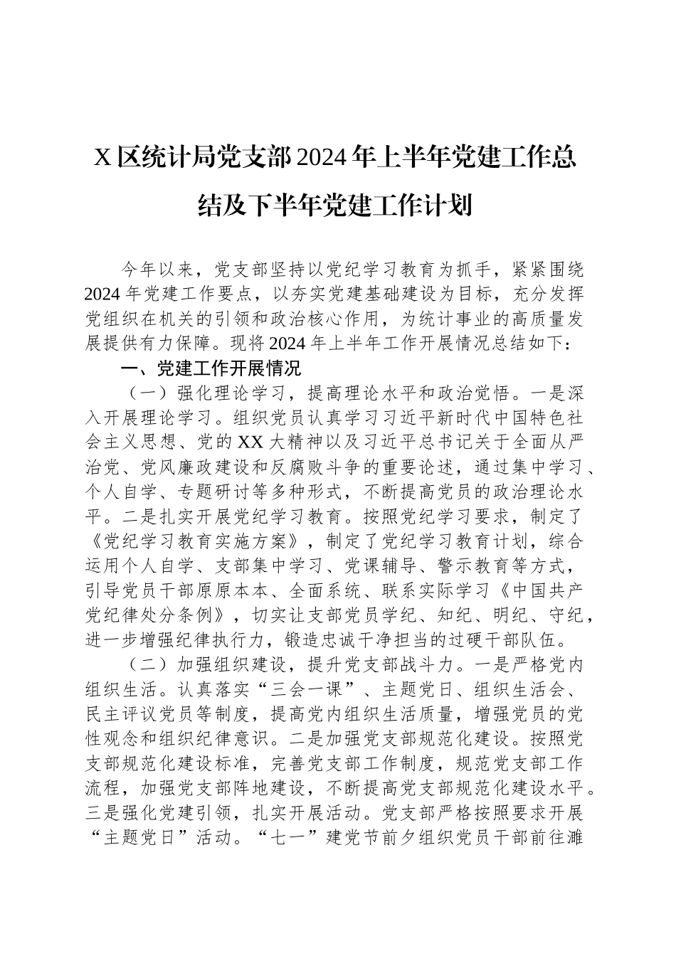 X区统计局党支部2024年上半年党建工作总结及下半年党建工作计划_第1页