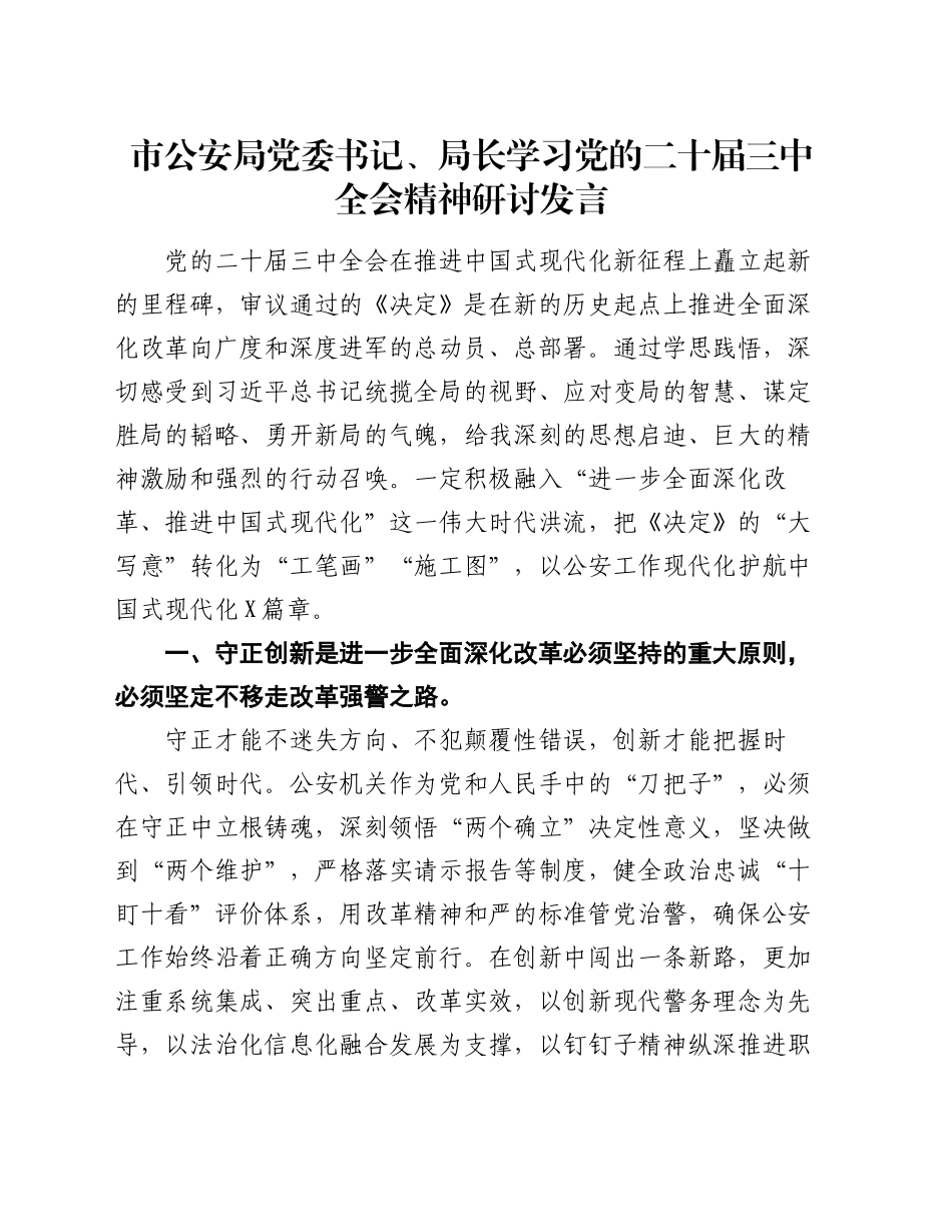 市公安局党委书记、局长学习党的二十届三中全会精神研讨发言_第1页