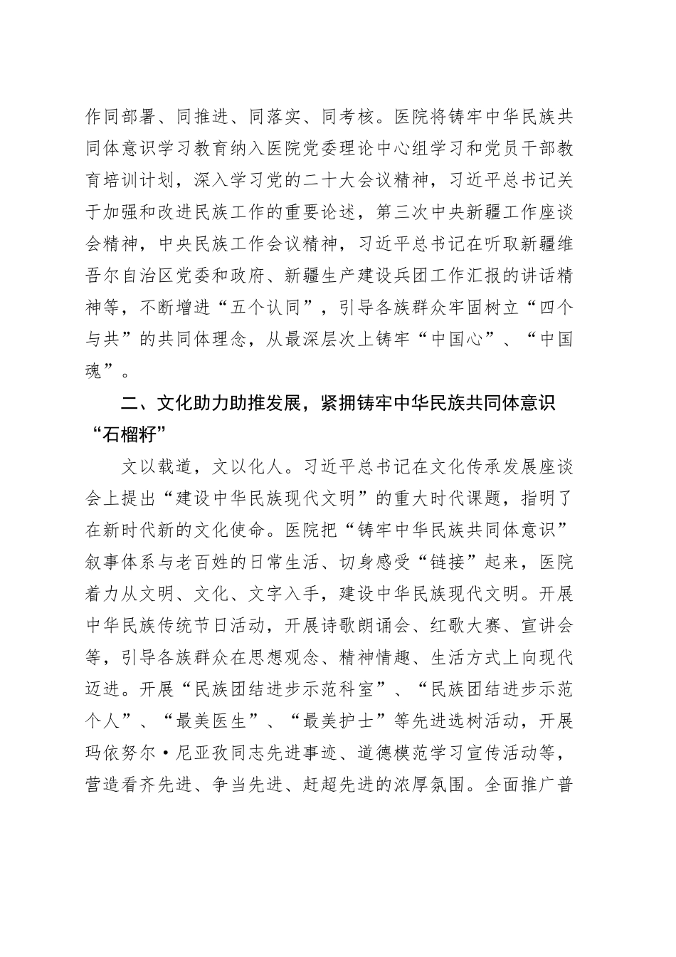 2篇医院铸牢民族共同体意识推动民族团结进步工作经验材料20241009_第2页