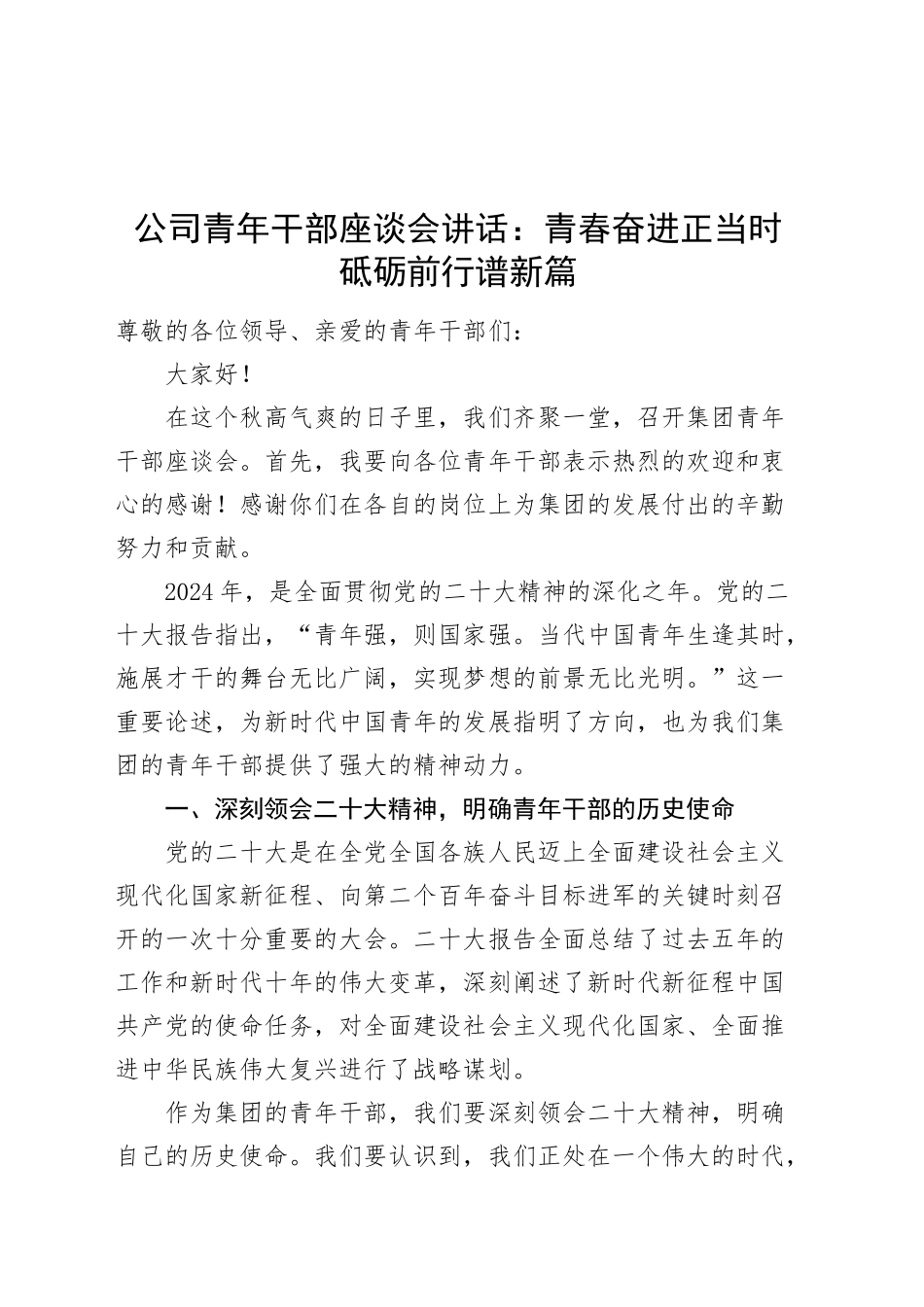 公司青年干部座谈会讲话：青春奋进正当时 砥砺前行谱新篇20241009_第1页