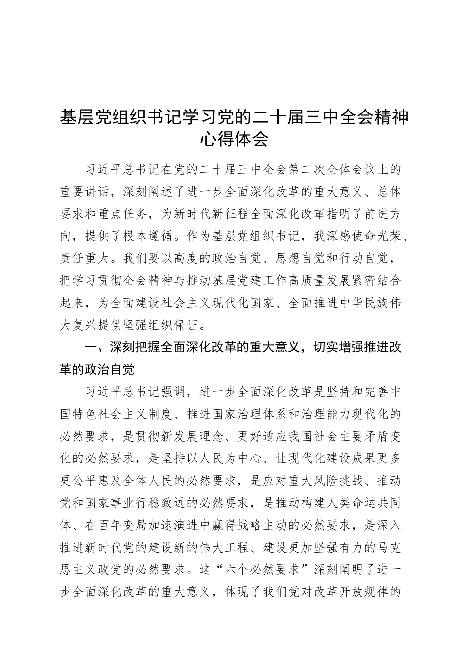 基层党组织书记学习党的二十届三中全会精神心得体会20241009_第1页