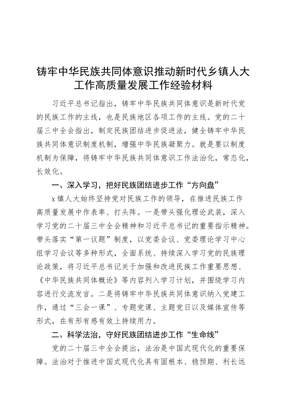 铸牢民族共同体意识推动新时代乡镇街道人大工作高质量发展工作经验材料总结汇报报告20241009_第1页