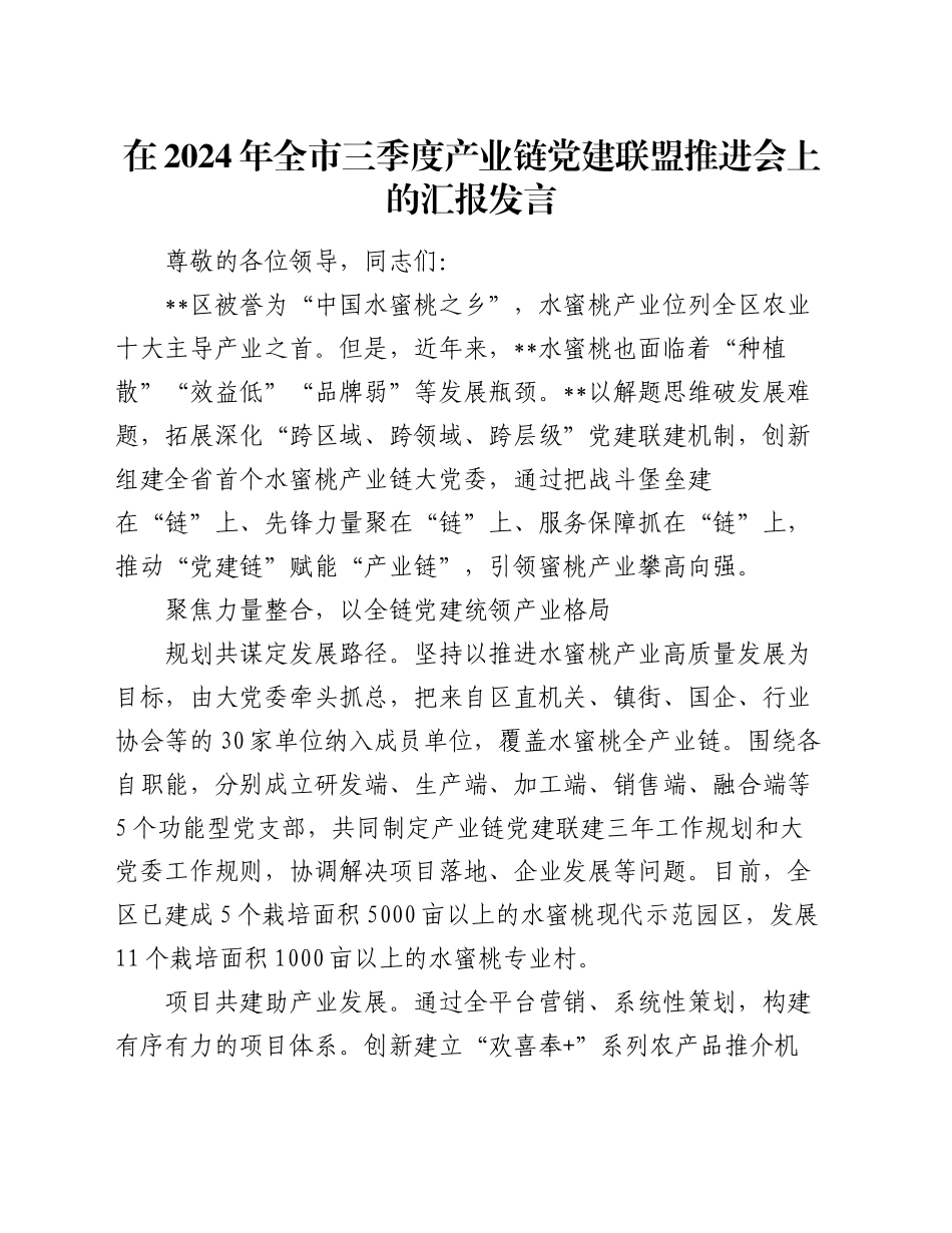 在2024年全市三季度产业链党建联盟推进会上的汇报发言_第1页