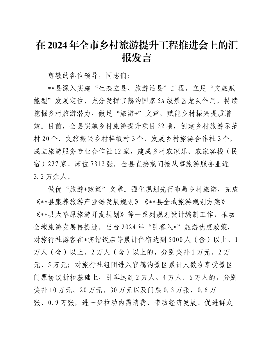 在2024年全市乡村旅游提升工程推进会上的汇报发言_第1页