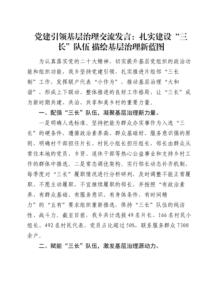 党建引领基层治理交流发言：扎实建设“三长”队伍 描绘基层治理新蓝图_第1页