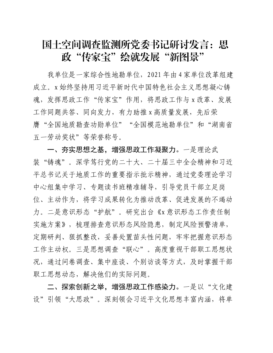 国土空间调查监测所党委书记研讨发言：思政“传家宝”绘就发展“新图景”_第1页