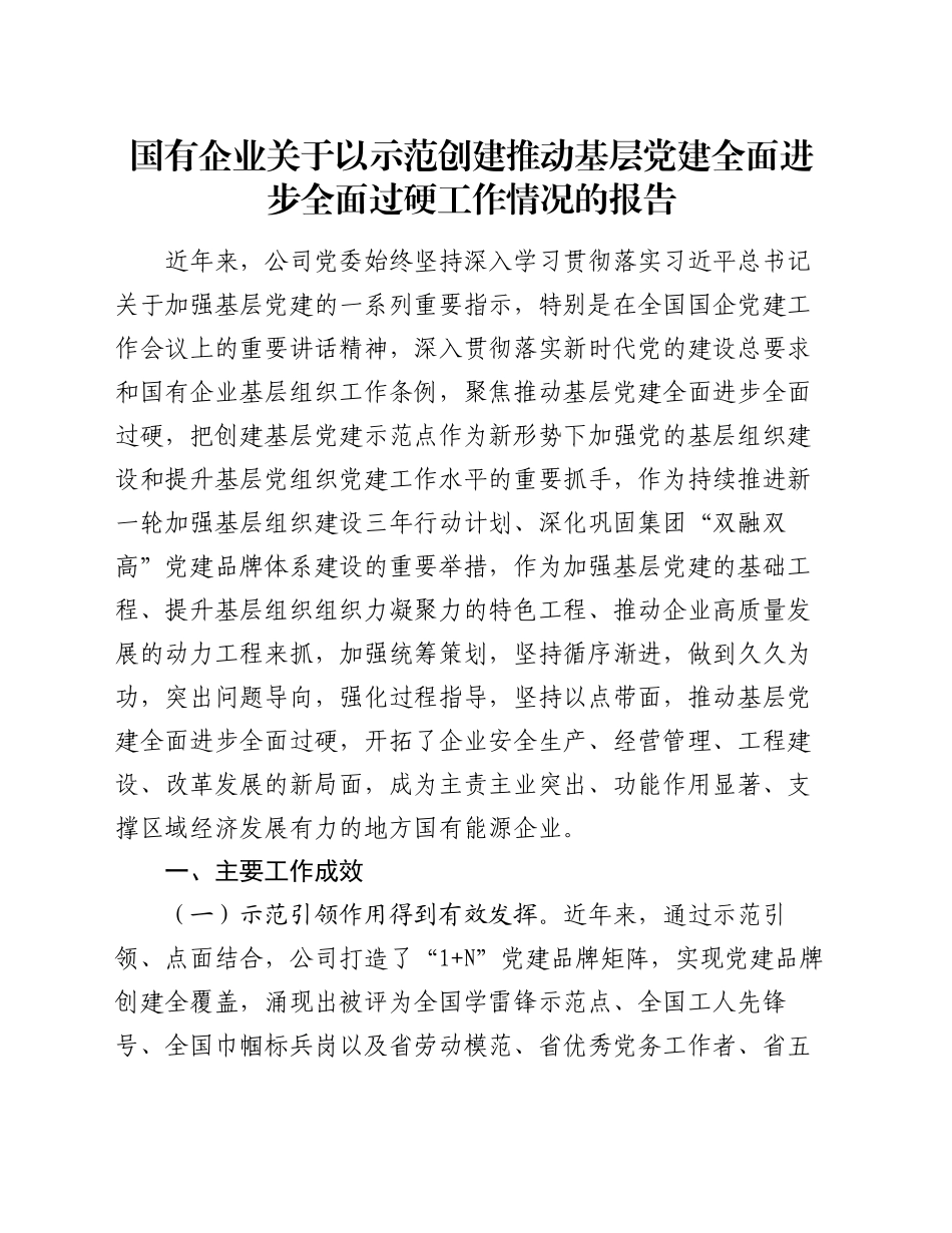 国有企业关于以示范创建推动基层党建全面进步全面过硬工作情况的报告_第1页