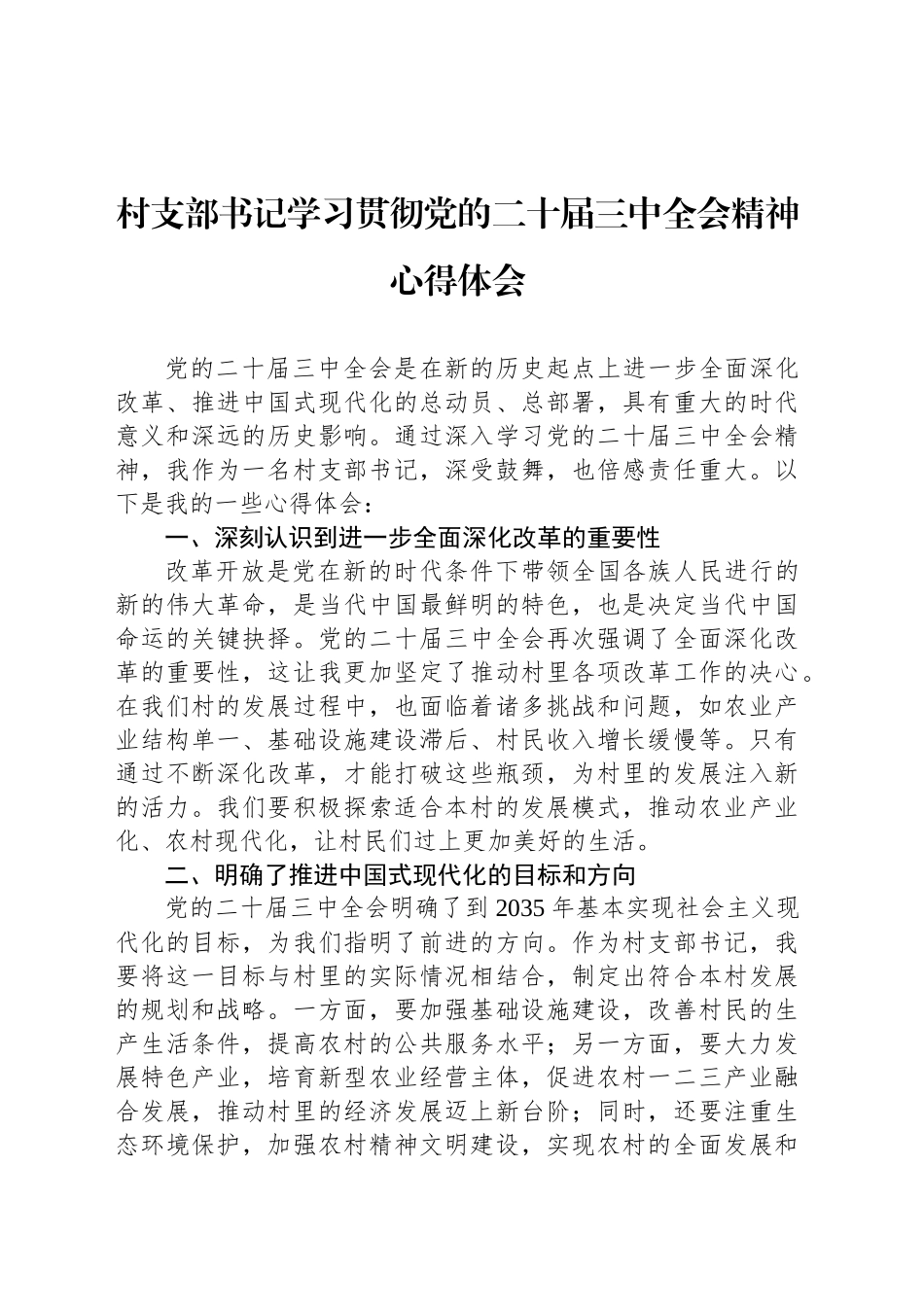 村支部书记学习贯彻党的二十届三中全会精神心得体会_第1页