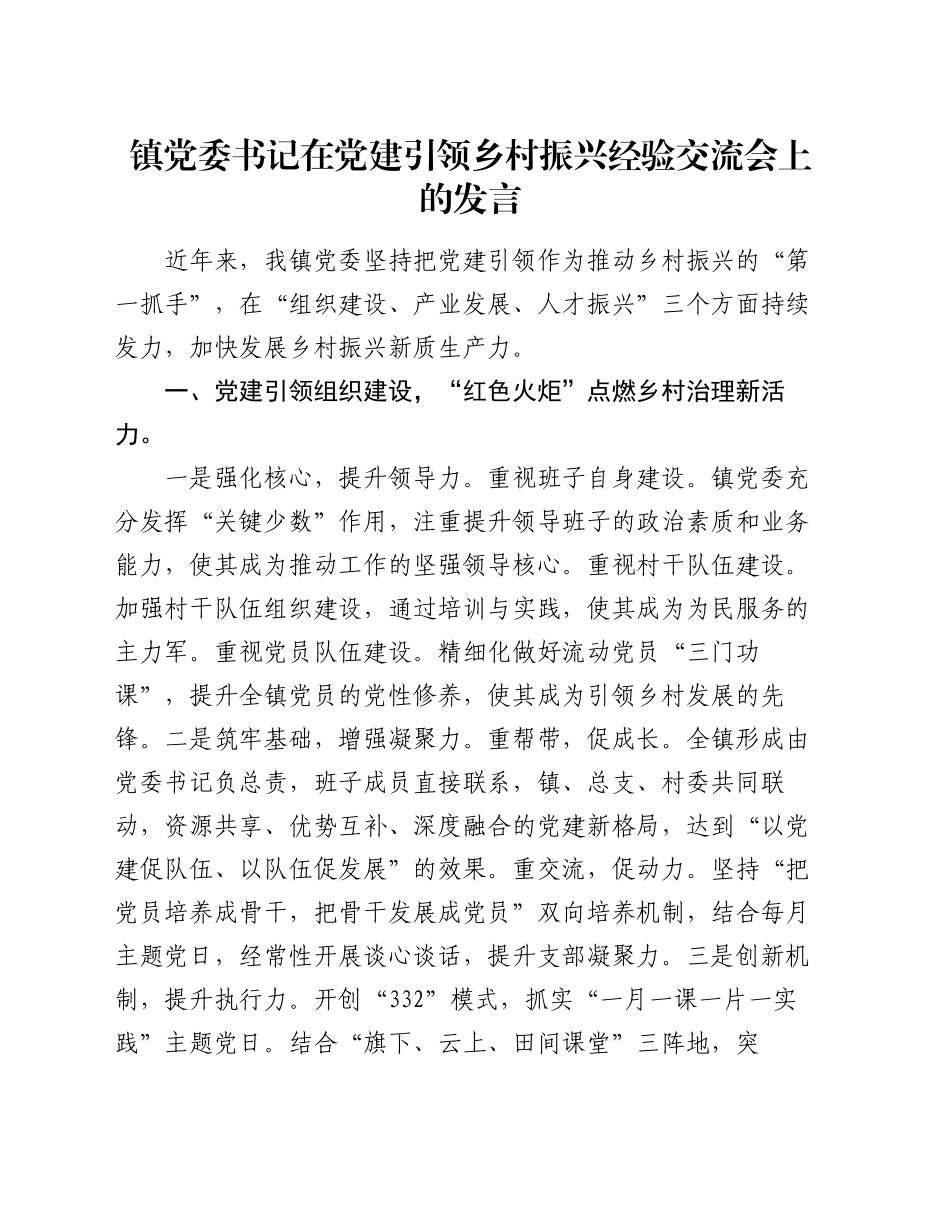 镇党委书记在党建引领乡村振兴经验交流会上的发言_第1页