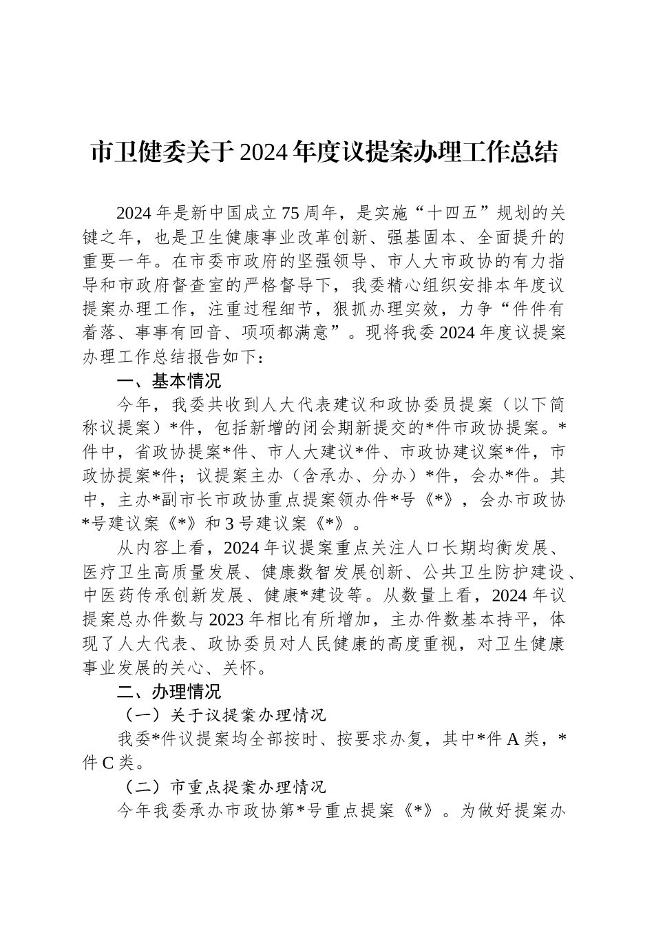 市卫健委关于2024年度议提案办理工作总结_第1页