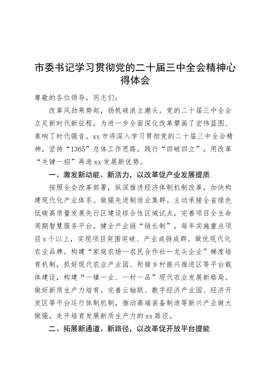 市委书记学习贯彻党的二十届三中全会精神心得体会20241011_第1页