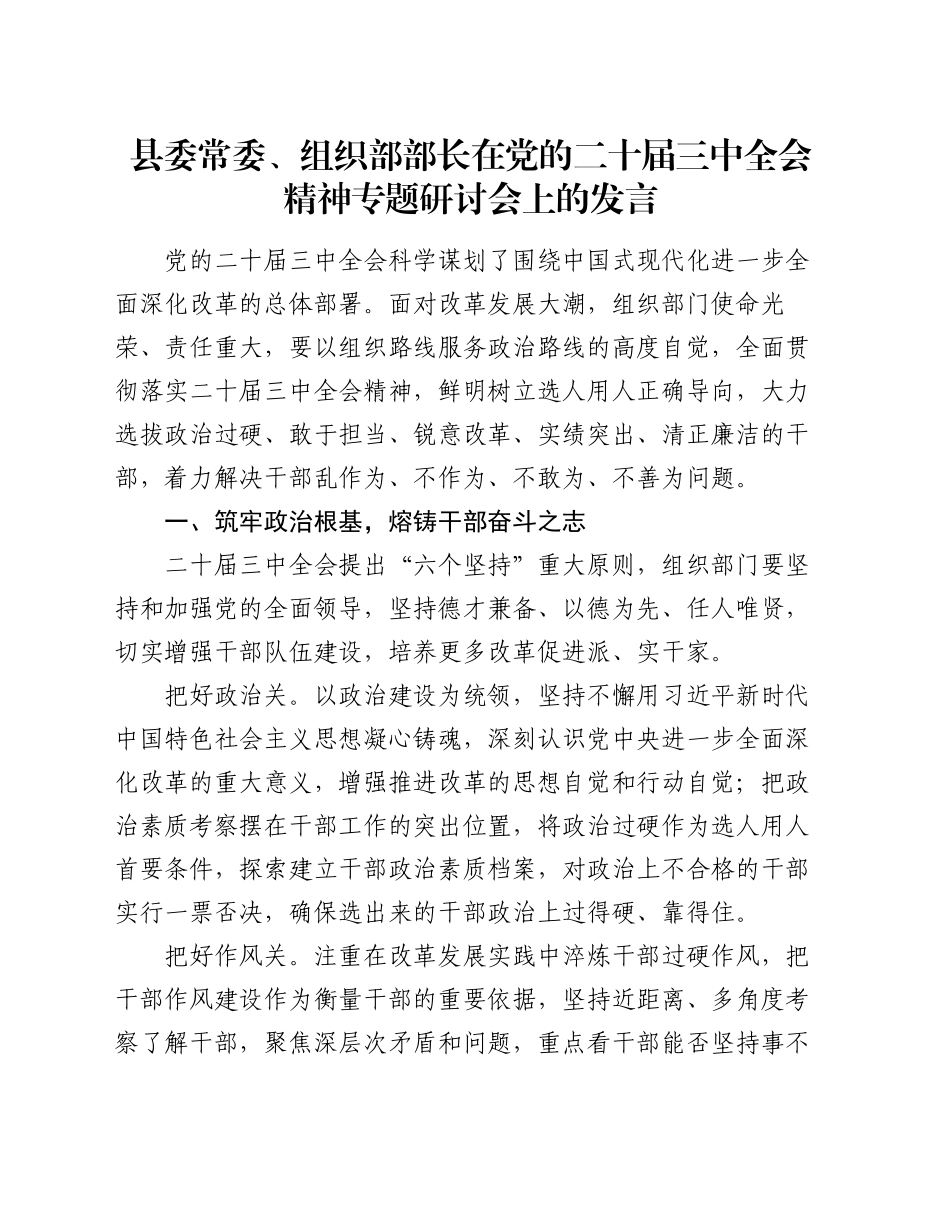 县委常委、组织部部长在党的二十届三中全会精神专题研讨会上的发言_第1页