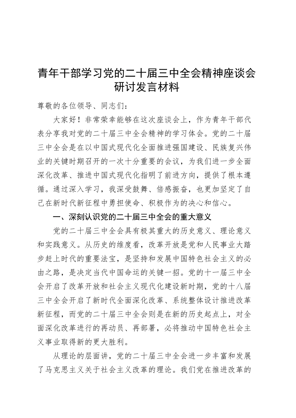 青年干部学习党的二十届三中全会精神座谈会研讨发言材料心得体会20241016_第1页