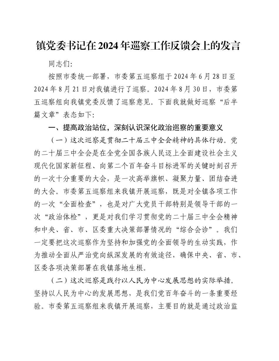 镇党委书记在2024年巡察工作反馈会上的发言_第1页
